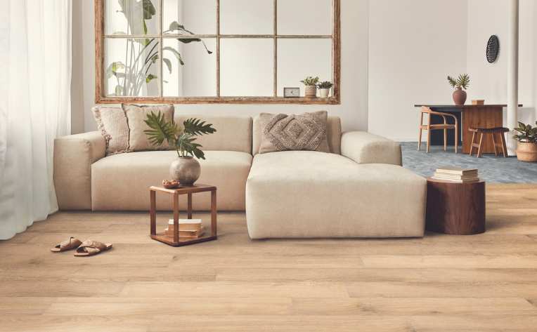 white oak look luxury vinyl in open concept modern living room