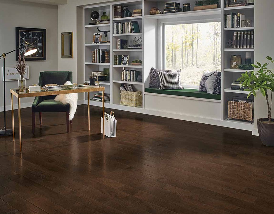 home office with dark wood floors